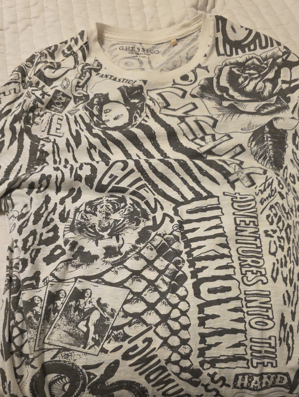 GUESS White Short Sleeve Graphic Tee with Black Illustrations